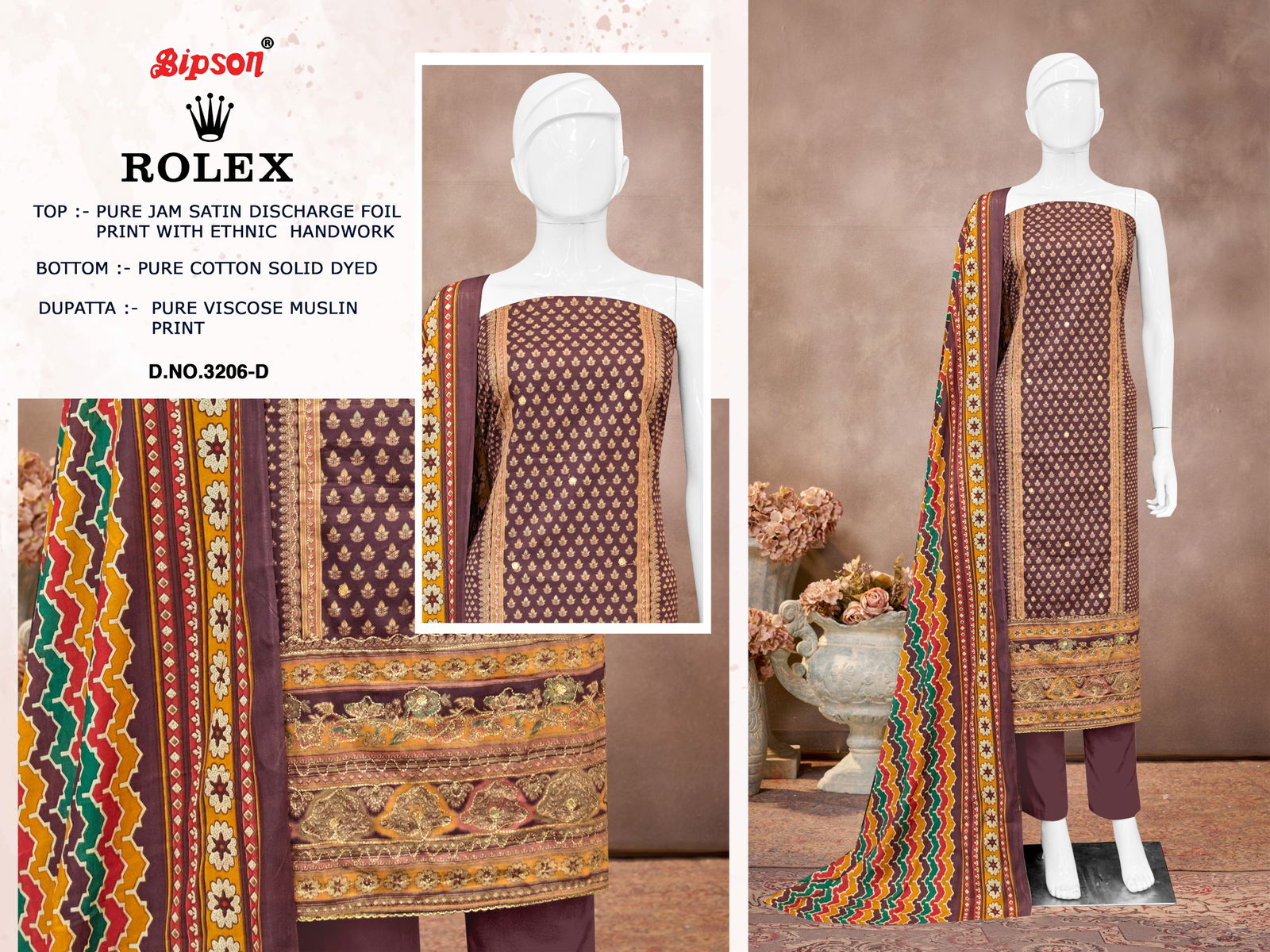 Rolex 3206 By Bipson Jam Satin Printed Dress Material Orders In India